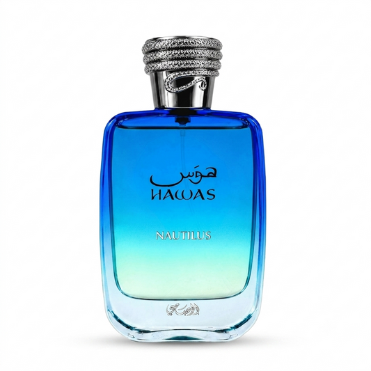 Perfume Hawas Nautilus de Rasasi 100 ml con notas Marinas, ambar gris, cedro y madera a la deriva