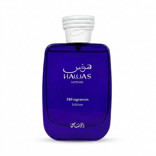 Hawas Sapphire de Rasasi, perfume árabe de 100 ml con notas de guayaba, bergamota, flor de azahar, sándalo y ámbar gris.