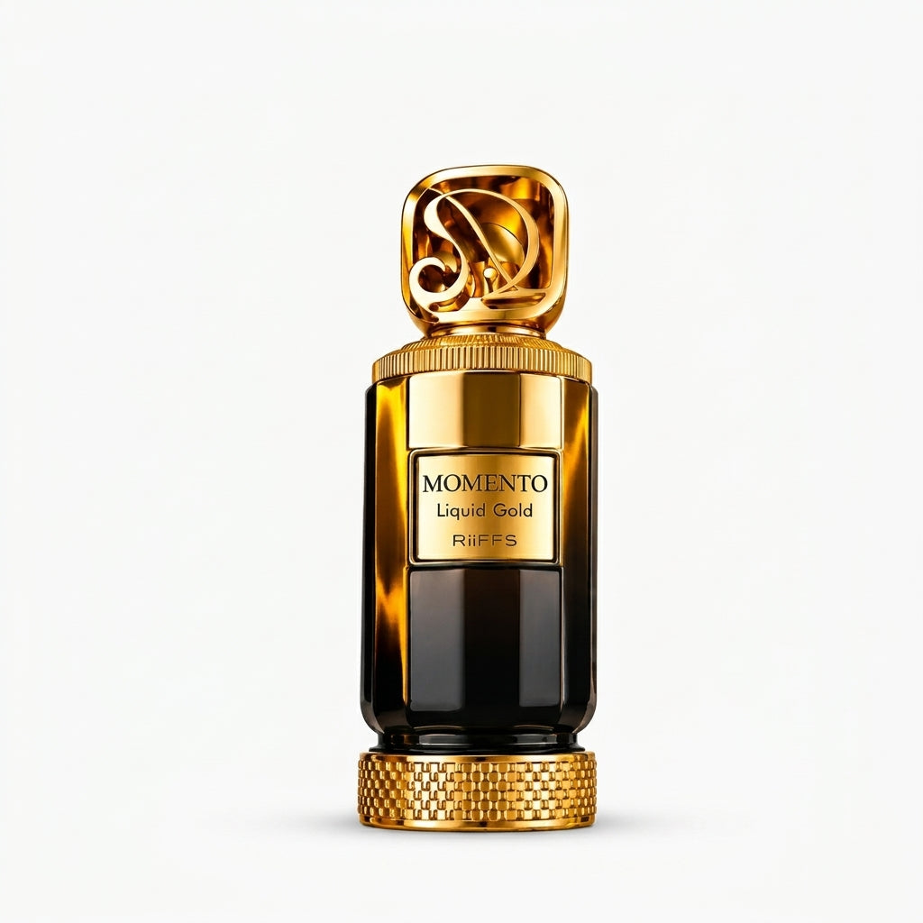 Momento Liquid Gold de Riiffs extracto de perfume unisex de 100 ml en frasco negro y dorado
